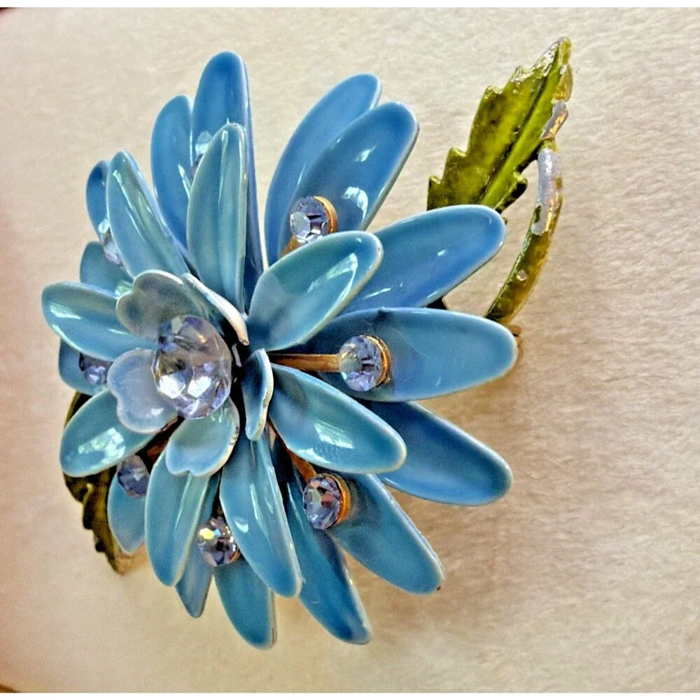 Vintage 1960s Blue Enamel Flower Brooch Rhinestone Mod Flower Power Pin - AS IS